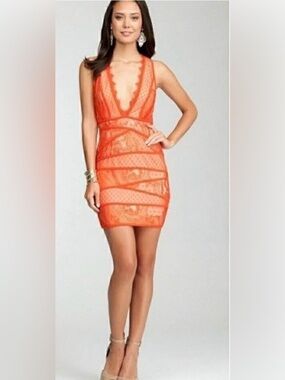 bebe Orange Lace Plunge V-Neck Mini Dress